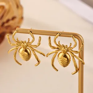 Detailed view of trendy gold spider earrings, unique insect design fashion jewelry.