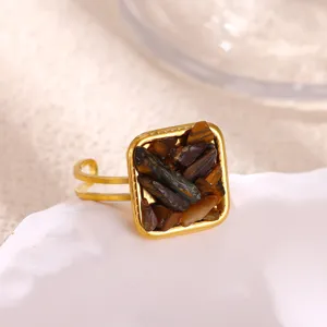 Retro bague ouverte en acier inoxydable dore avec pierre inlay vintage geometrique