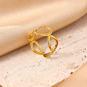 Stainless steel 18k gold plated open ring, geometric hollow detail for women daily style.