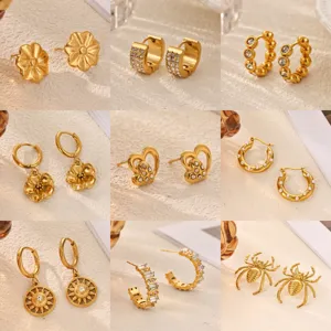 304 Stainless Steel Rhinestone Heart Flower Spider Hoop Stud Earrings Gold Artificial Pearl Fashion Jewelry For Women