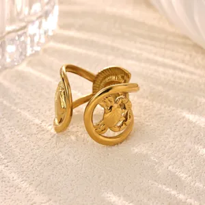 Exquisite 18K gold plated stainless steel open ring with unique animal detail, elegant style.