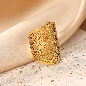 Wide hollow stainless steel 18k gold plated ring, elegant open finger jewelry for daily wear.