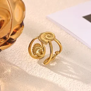 Gold-plated stainless steel shell ring detail shot showing unique nautilus motif.