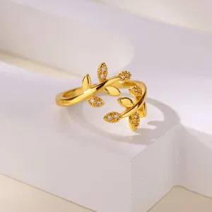 Gold-plated adjustable open ring with leaf and cubic zirconia design for women daily use.