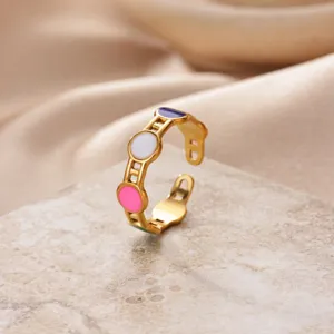 Stainless steel open ring with colorful enamel dots, 18k gold plated fashion jewelry.