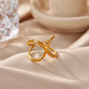 Stainless steel 18K gold plated open ring, minimalist geometric cross design for women.