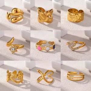 18K Gold Plated Stainless Steel Open Ring For Women Adjustable Geometric Rhinestone Enamel Creative Beach Fashion Jewelry Finger Ring Gift