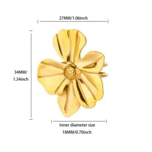 Gold flower ring detail view showing dimension specs, elegant metal floral jewelry design.