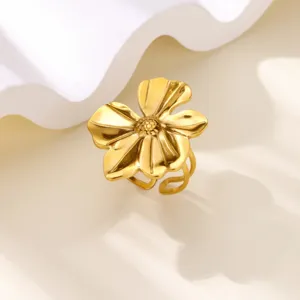 Gold stainless steel flower open ring fashion minimalist finger jewelry accessory for women