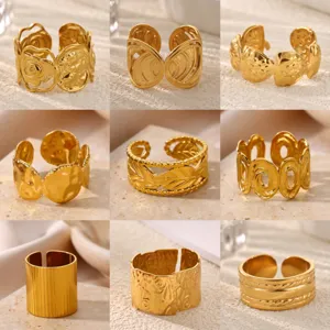 French Vintage 304 Stainless Steel Leaf Geometric Open Ring 18K Gold Plated Adjustable Titanium Steel Finger Ring For Women