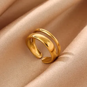 Minimalist double band open ring detail, gold plated stainless steel geometric finger jewelry.