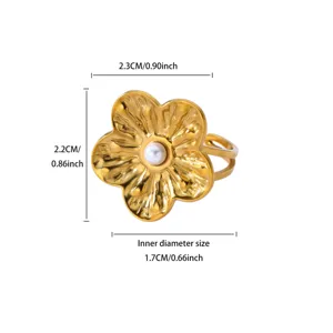 Gold-plated stainless steel vintage flower ring with pearl, elegant statement jewelry for women.