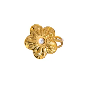 Retro 18K gold plated stainless steel sunflower ring with pearl detail for women daily style.