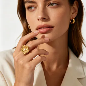 Elegant 18K gold plated stainless steel retro sunflower ring for women detail view.