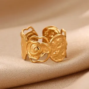 French vintage 18k gold plated stainless steel floral open ring adjustable size ring