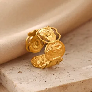 Stainless Steel Leaf Ring French Vintage Open Adjustable 18K Gold Plated Geometric Jewelry