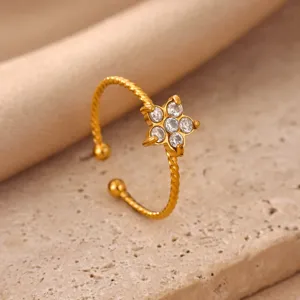 Exquisite 18k gold plated stainless steel open ring featuring sparkling cubic zirconia flower.