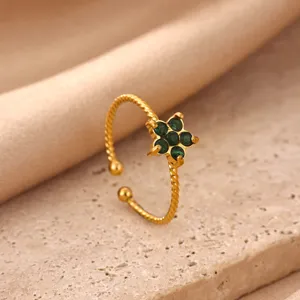 Elegant 18K gold plated stainless steel open ring featuring charming green zircon flower detail.