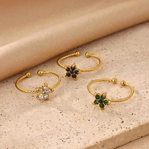 Elegant 18K Gold Plated 304 Stainless Steel Flower Open Ring For Women Colorful Rhinestone Adjustable Finger Ring Jewelry Accessories