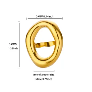 Gold irregular geometric open ring detail showing size dimensions for women fashion jewelry.