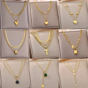 Stainless Steel Multi Layered Heart Moon Cross Pendant Necklace For Women Gold Plated Light Luxury Rhinestone Choker Neck Jewelry Accessory