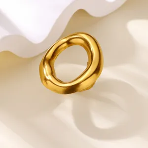 Detailed close-up of chunky gold stainless steel geometric open ring, vintage aesthetic jewelry.
