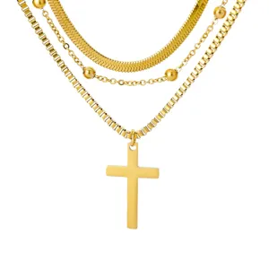 Gold multi-layer cross pendant necklace for women, stylish layered choker chain jewelry.
