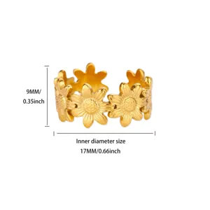 Stainless steel gold daisy flower open ring detail view, 9mm width and 17mm inner diameter