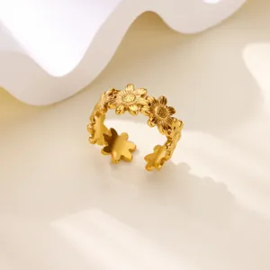 Detailed view of the gold stainless steel floral open ring, featuring delicate sunflower motifs.