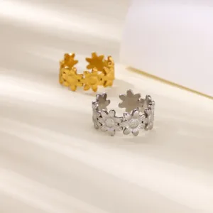 Close up detail of stainless steel flower open ring, elegant retro design, jewelry accessory.
