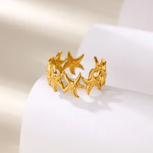 Gold stainless steel starfish geometric open ring detail view, minimalist jewelry accessory.