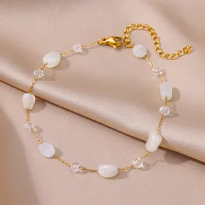 Minimalist 18k gold plated titanium steel irregular stone and crystal bead anklet detail shot