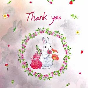 Detailed view of cute watercolor rabbit and floral wreath decorative paper, lovely design.
