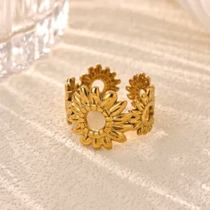 Close-up detail of stainless steel 18K gold plated sunflower open ring, exquisite floral design.