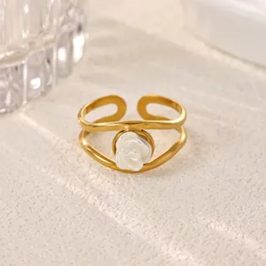 18K Gold Plated Stainless Steel Open Ring with White Flower Minimalist Geometric Jewelry