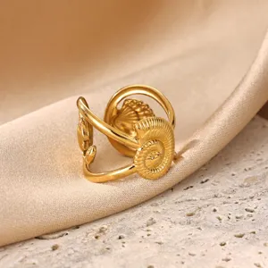 Detail shot of 18K gold plated stainless steel ring with shell design for daily wear.