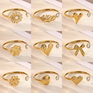 Ins Style Stainless Steel Open Cuff Bracelet For Women 18K Gold Plated Rhinestone Heart Floral Feather Cuff Bangle Party Jewelry Gift