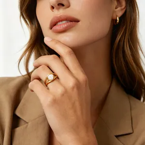 Elegant 18k gold plated stainless steel geometric flower ring, minimalist detail shot.