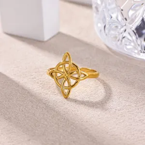 Detail shot of a minimalist 18k gold plated stainless steel Celtic knot open ring.
