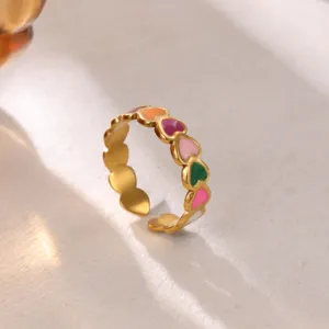 Stainless steel 18K gold plated colorful enamel heart open ring fashion jewelry detail view