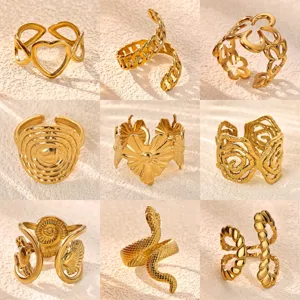 Stainless Steel Gold Plated Open Rings For Women Minimalist Adjustable Heart Snake Leaf Geometric Finger Ring Jewelry Gift