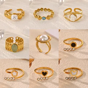 Stainless Steel 18K Gold Plated Open Ring For Women Minimalist Geometric Evil Eye Heart Flower Rhinestone Adjustable Finger Ring Daily Jewelry