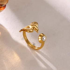 Stainless steel 18k gold plated open ring with bird and crystal for summer beach fashion.