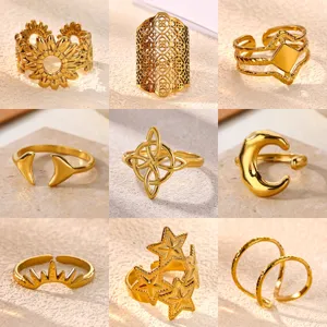 Fashion Stainless Steel 18K Gold Plated Open Rings For Women Hollow Out Geometric Floral Sunflower Adjustable Finger Ring Hand Jewelry