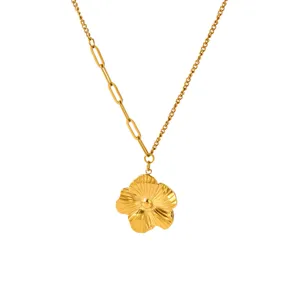 Gold plated stainless steel flower pendant necklace with trendy mixed chain design for daily wear.