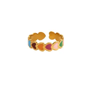 Stainless steel gold plated colorful enamel heart open ring fashion women beach jewelry