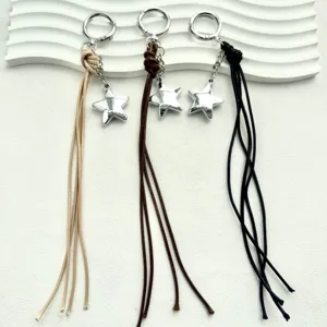 Minimalist braided leather rope star keychain bag charm phone strap accessory set.