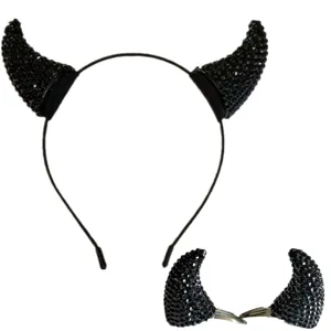 Bel ensemble de serre-tête cornes de diable en strass noir avec pinces à cheveux.