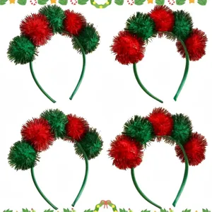 Christmas tinsel pom pom headband detail, red and green glitter festive party hair hoop props.