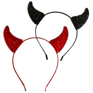 Ensemble serre-tête cornes de diable strass Halloween, accessoire cheveux rouge et noir.